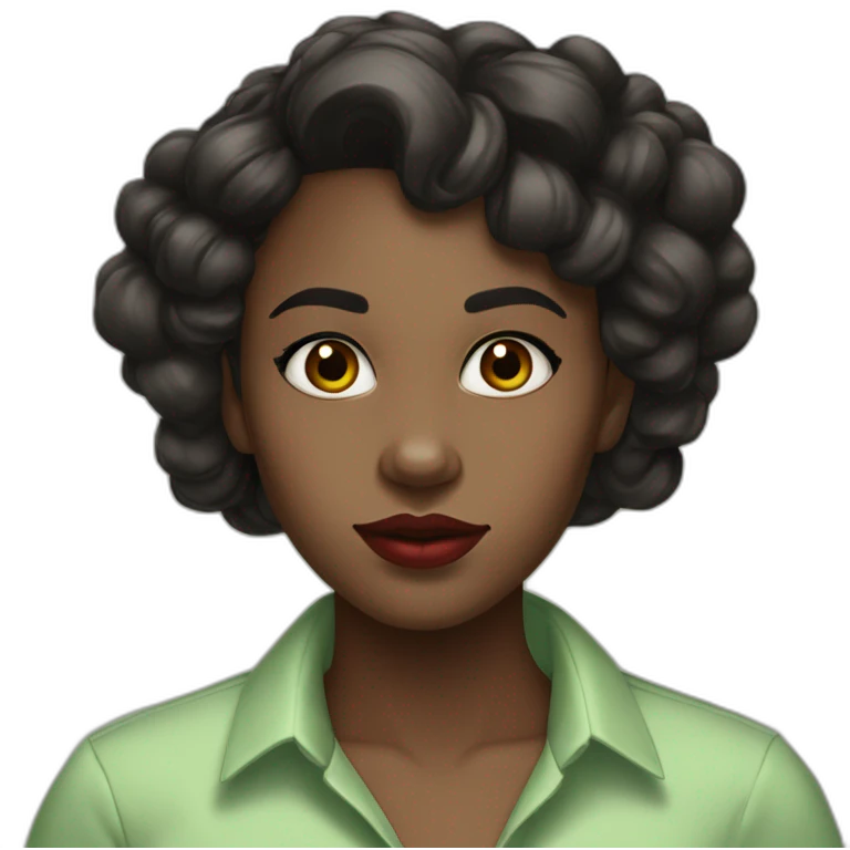 Black girl with dark brown bright eyes and red tinted lips , wavy long black hair parted with a widow's peak, wearing a pastel green shirt emoji