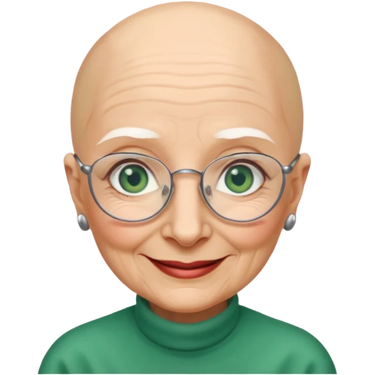 Bald old woman smiling green eyes wearing frameless glasses emoji