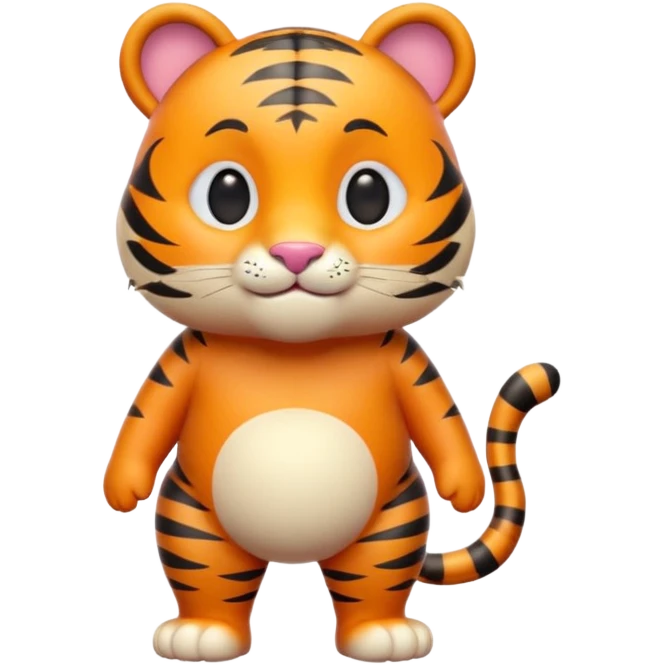 Cute tiger emoji, full body, standing pose, smiling face, big round eyes, orange fur with black stripes, chubby and adorable, short legs, small ears, 3D emoji style, smooth shading, bright colors, simple clean design, transparent background emoji