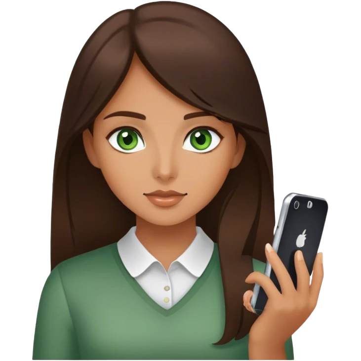 brunette girl with green eyes with phone emoji