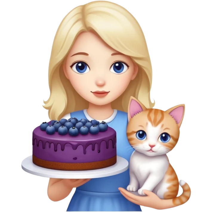 Beautiful girl holding a big blueberry cake and a kitten in her hands emoji