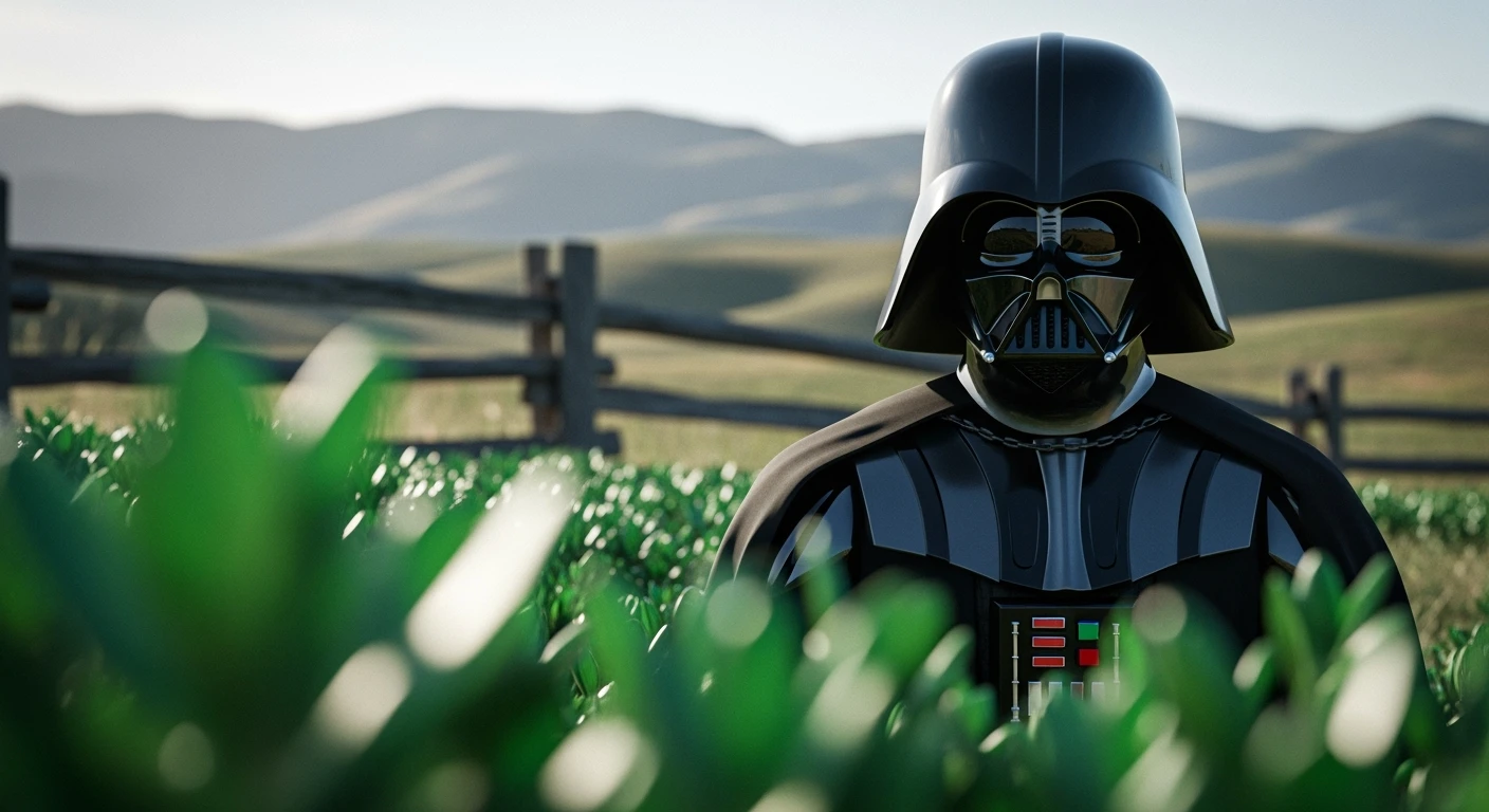 A portrait of a Darth vader in the foreground, blurred plants in the foreground (close to the camera), a wooden fence in the midground, rolling hills in the background, cinematic depth of field, layered composition, natural lighting emoji