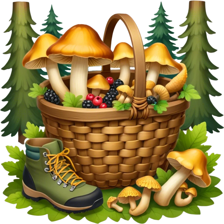 Icon for Mushroom and Berry Tourism: a basket filled with mushrooms chanterelles, boletus and aspen and berries, surrounded by forest elements like trees, leaves and a hiking boots. The icon should capture the joy of foraging in nature. Transparent background. emoji