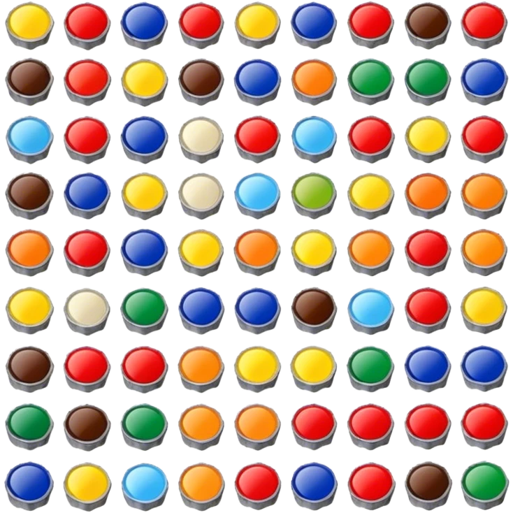 Icon for Bottle Cap Collecting (Capsophilia): a collection of colorful and unique bottle caps from various drinks, neatly arranged in a display case or on a table. The icon should emphasize the variety and charm of collecting bottle caps. Transparent background. emoji