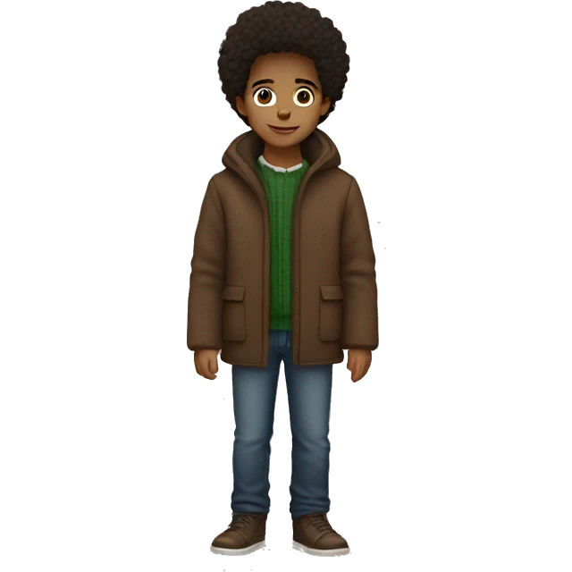 winter, christmas, hispanic, afro hair,  boy, short hair, brown eyes, child, full body, brown coat emoji