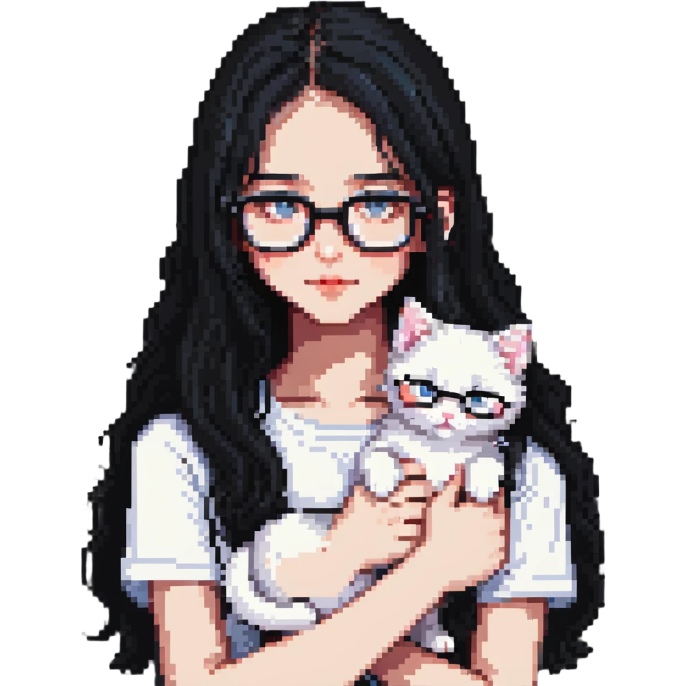Beautiful girl with long black hair and glasses holding a white kitten emoji