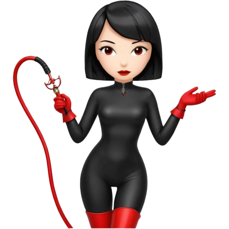 madam with straight bob black hairstyle in black latex with red whip in hand emoji