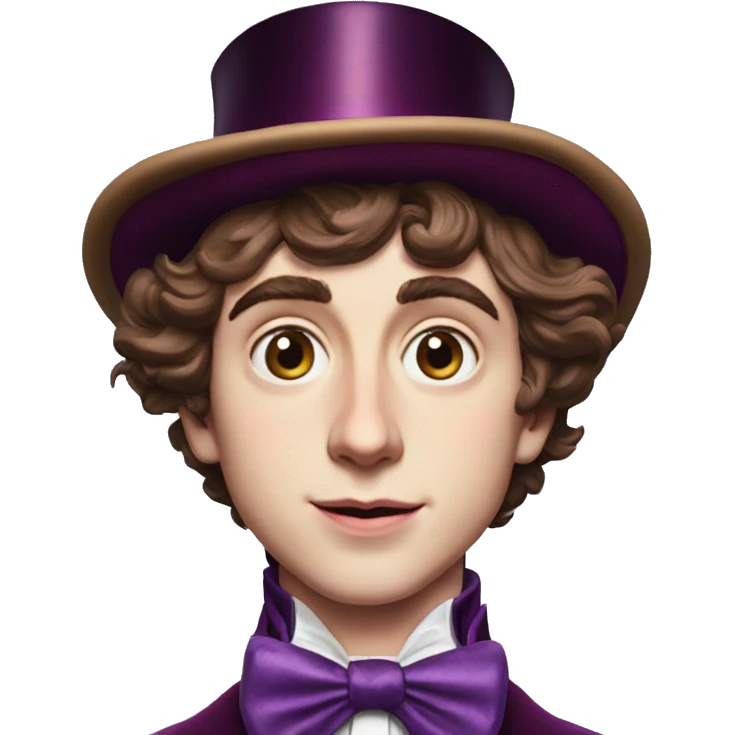 Timothée Chalamet as Willy Wonka, high cheek bones, large face, hat emoji