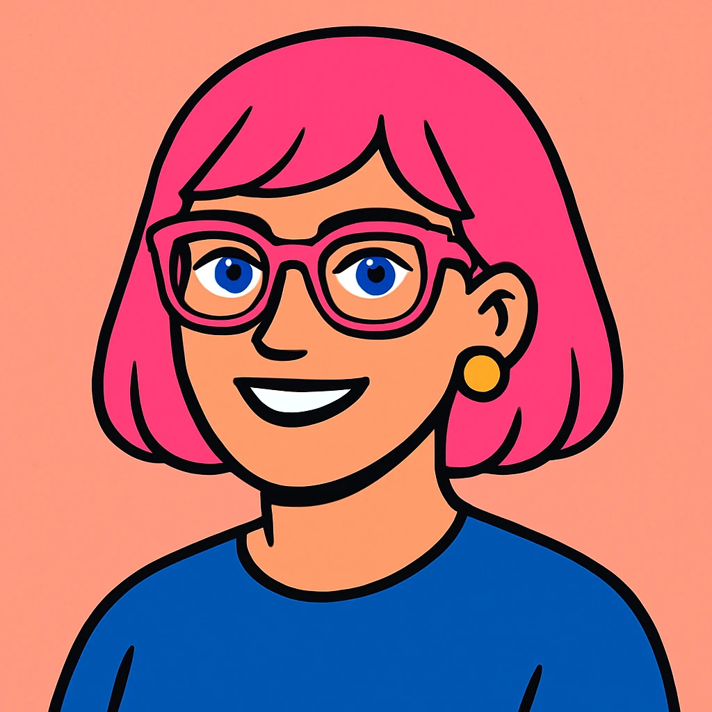 Make her look younger, no fringe on the pink bob haircut, add pink glasses and blue eyes, keep pink salt background, vibrant toon style emoji
