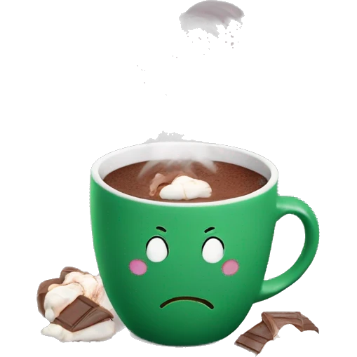 hot chocolate in a green mug with smoke hearts emoji