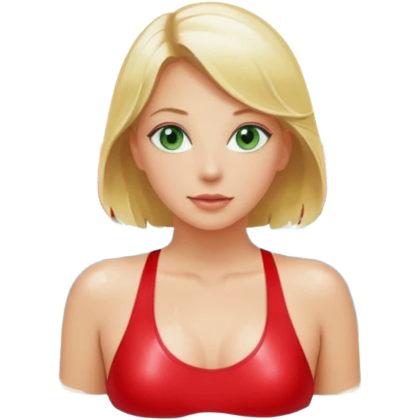 Blonde Woman, Green eyes, Red onepiece, sexy legst,Background Indoor pool emoji