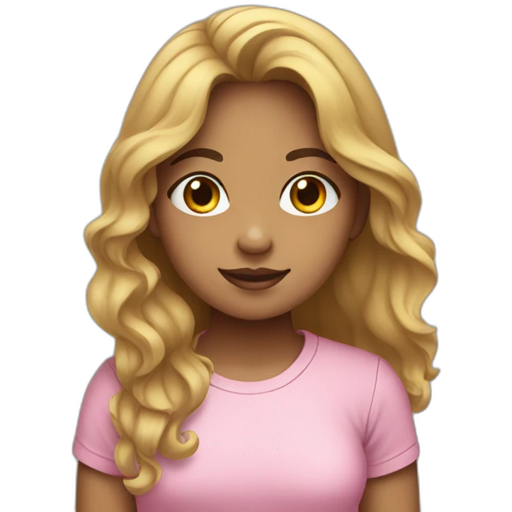 Indonesian girl with long wavy hair, wearing a pink baggy tee and black leggings. emoji