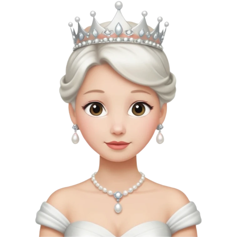 Queen with white bun hair – silver tiara, pearl necklace, elegant gown emoji
