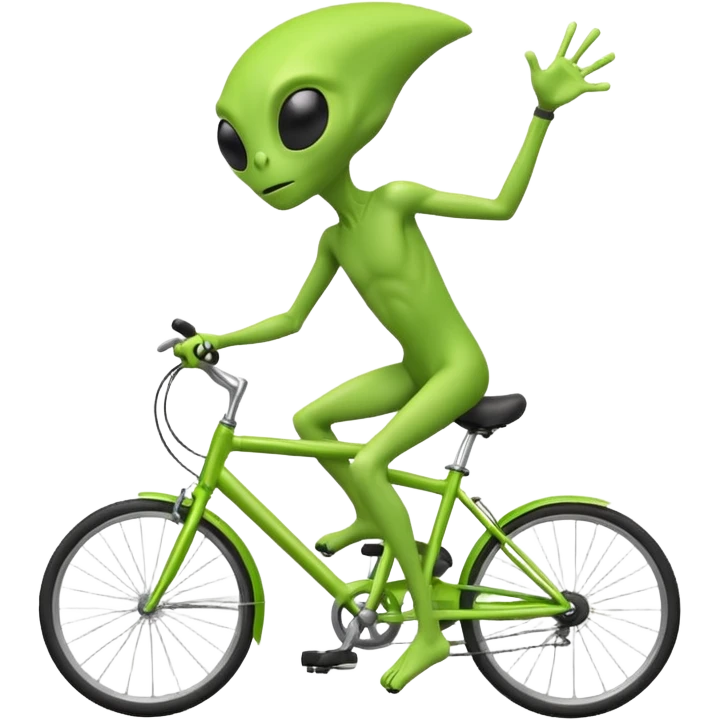green alien riding a bicycle, big black eyes, thin body, casual cycling pose, playful sci-fi vibe, 3D cartoon, mobile game icon style, clean background, no text, no watermark
 emoji