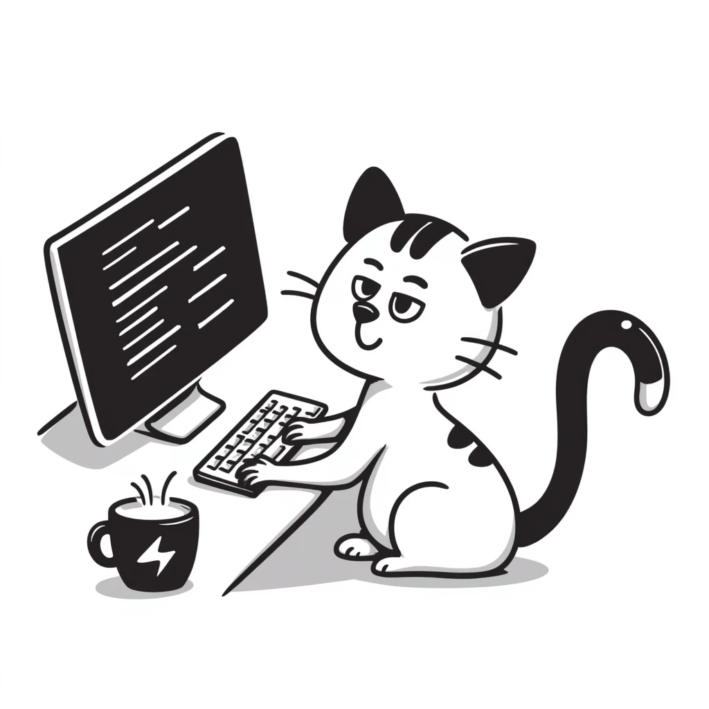 hand drawn doodle style white hacker cat with a computer and coffee cup emoji
