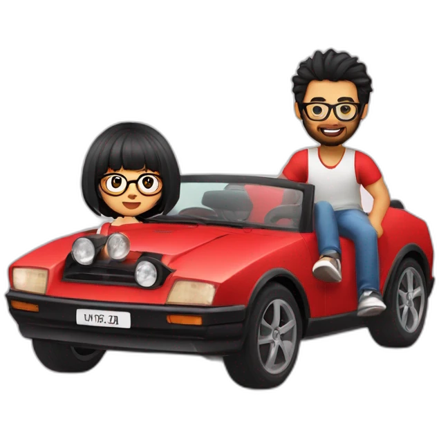 man with black hair and beard drive a red sportive car. A girl is settled near him. The girl wear glasses and she have black hair with bangs emoji
