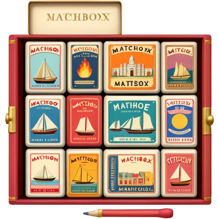 Icon for Matchbox Collecting: a collection of vintage and colorful matchboxes from different places, neatly displayed in a row or in a display case. The icon should reflect the uniqueness and diversity of matchbox collecting. Transparent background. emoji