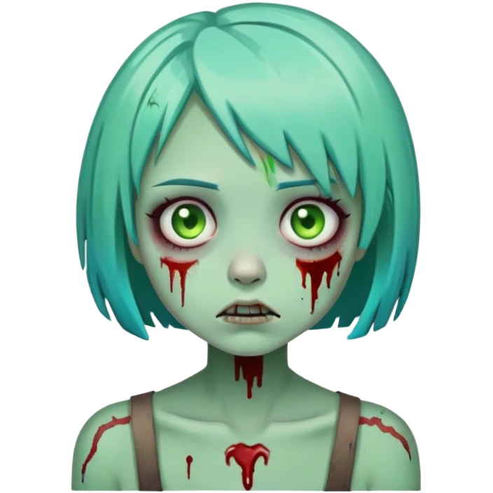 cartoon zombie girl with short turquoise hair bob cut, green decaying skin, bloody scars emoji