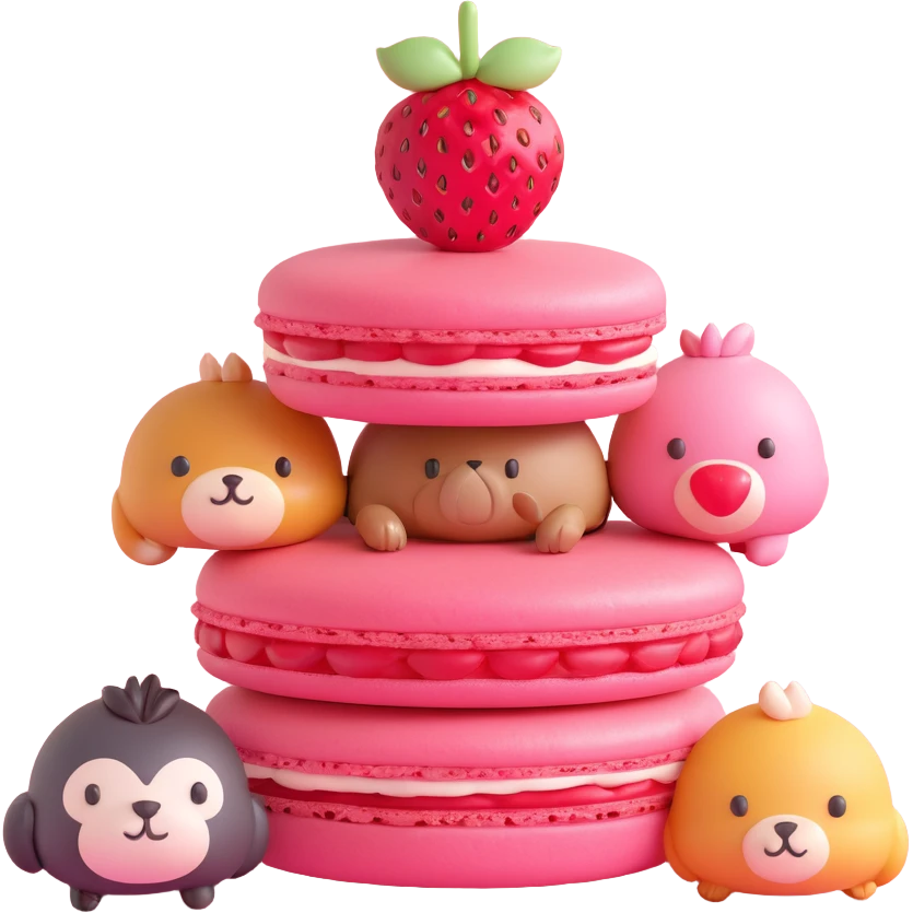 A 3D iOS style emoji of a pink macaron with a strawberry on top and three cute animals peeking out from between the layers. The macaron should have a glossy finish and soft shadows, with a light yellow background and small yellow stars scattered around. emoji