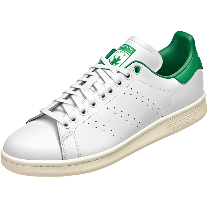 Classic white Adidas Stan Smith sneaker with green heel tab, white leather body, side view, perforated three stripes, iOS emoji style emoji
