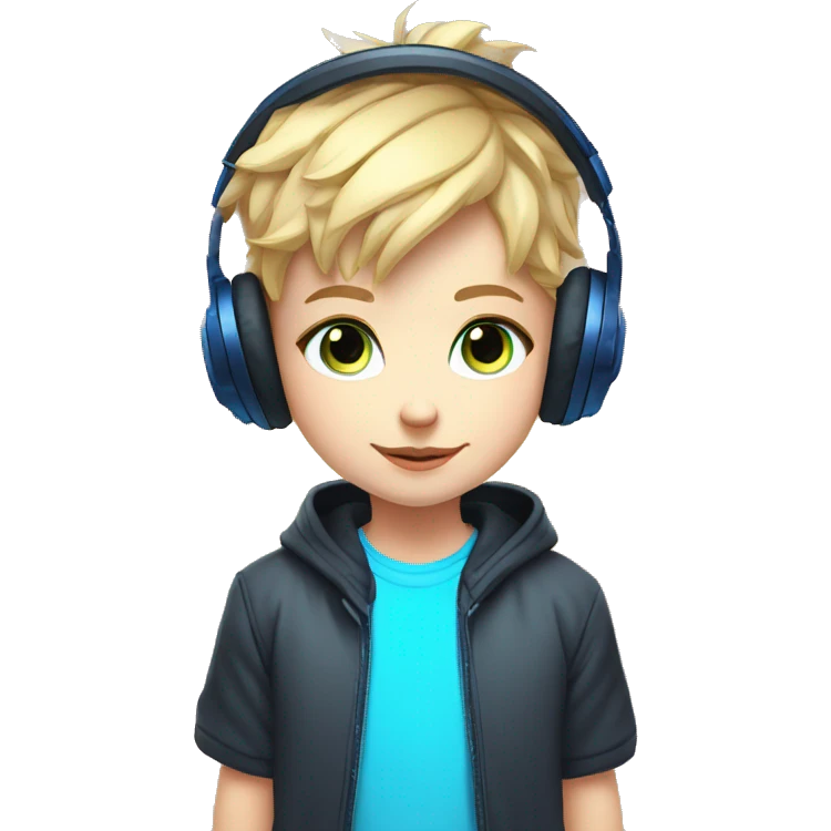 Blonde Short hair Gamer kid big nose thin eyebrows with blue eyes with headset and gamepad with neon Lighting emoji