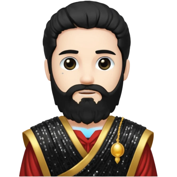 Pluto from Roman Deities with long black hair and beard, black sequin toga emoji