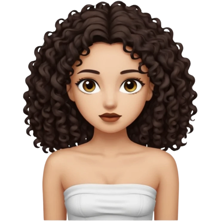 Woman with light skin and super dark brown-almost black colored irises eyes and  dark brown long curly hair that’s waist length curly hair and white tube top with no straps emoji