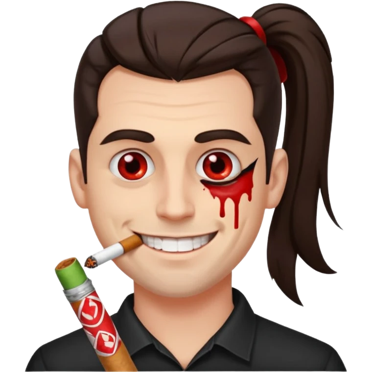 A white man with dark brown hair in a ponytail, oversized bloodshot eyes, grinning, smoking a long roll up emoji