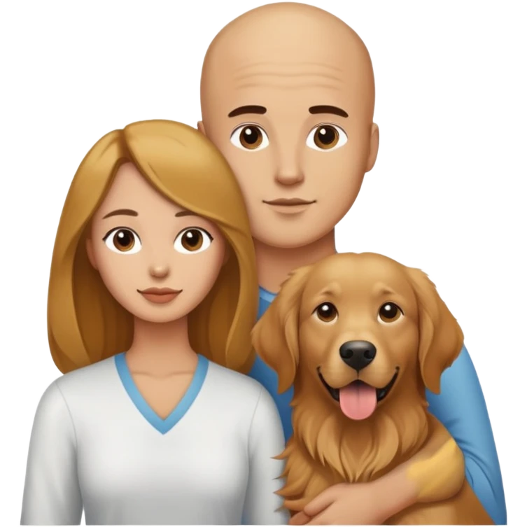 Young Bald man and long brown hair woman with golden retriever  emoji