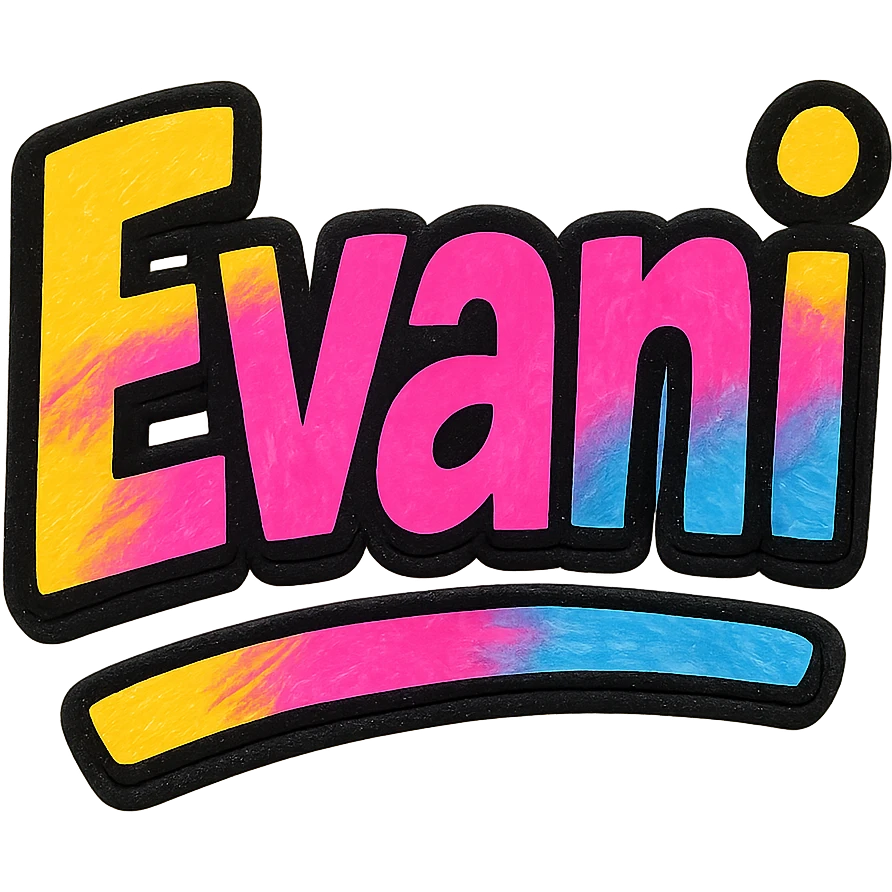 Evani name in modern colorful gradient font with dark outline, dynamic slanted or partial underline, in the style of reference patterns emoji