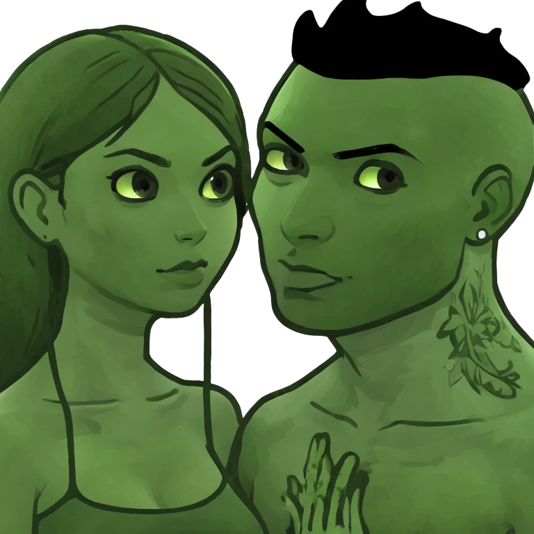 girl with black hair on top of with guy with tattoos and dark brown hair white skin emoji