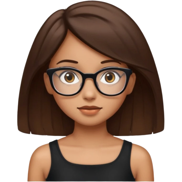 Imagine a girl with slightly light brown skin with big brown eyes and glasses. She has straight brown hair and is wearing a black tube top emoji