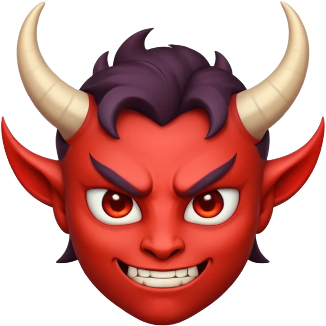 Demon cartoon emoji character, confident and edgy expression, sharp eyes, subtle smirk, small curved horns, clean stylized face, not cute, not scary, balanced dark and saturated colors, bold shapes, modern emoji-style illustration, high contrast, strong character presence emoji
