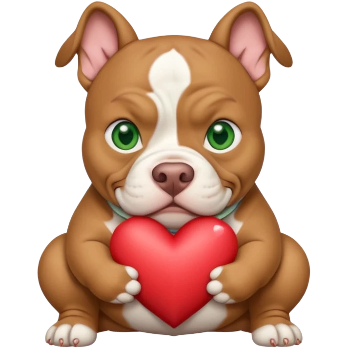 Tan and white American xl bully with green eyes and stocky head cropped ears Holding a heart emoji