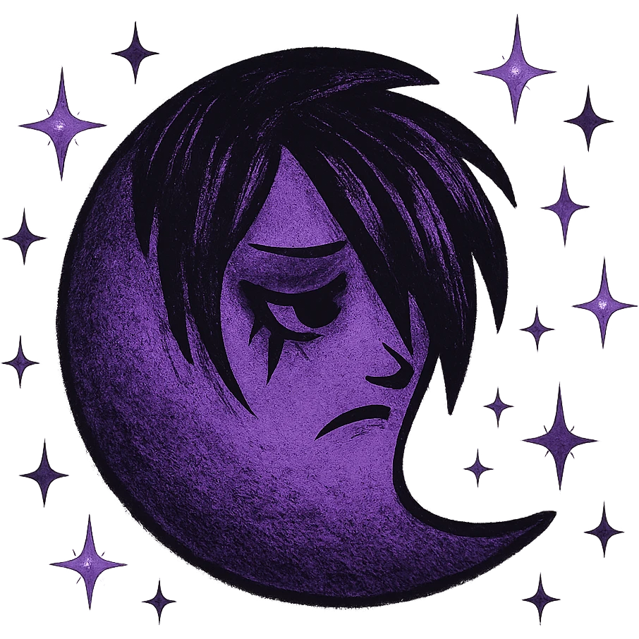 emo moon with sparkles, black and purple, no background emoji