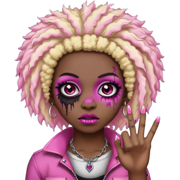 girl, zombie,pink and blonde afro, medium long, emo, shaggy, dark, spooky,double eyebrow dermal piercing, two fingers up emoji