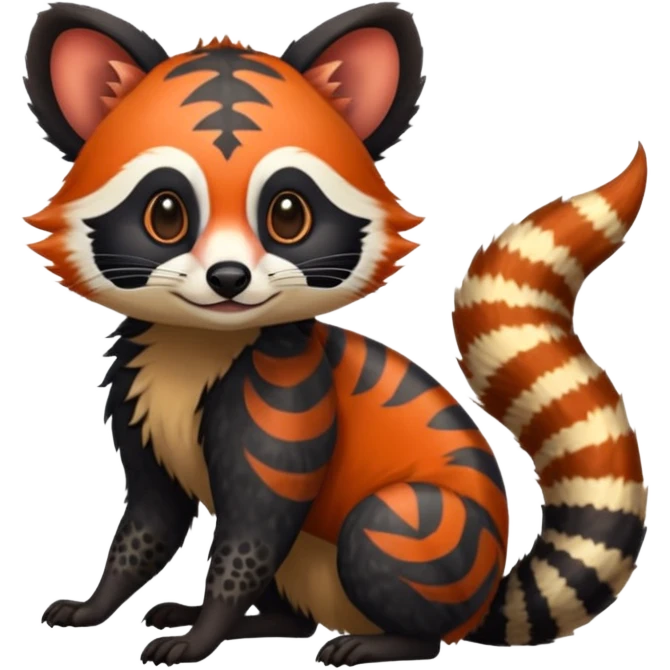 A beaked Colorful exotic tropical tribal cute happy realistic esoteric patterned fluffy furry dark civet-cacomistle-genet-red-panda-oncilla-Fakémon-fursona-hybrid-fusion-animal-creature, full body, 4-legged emoji