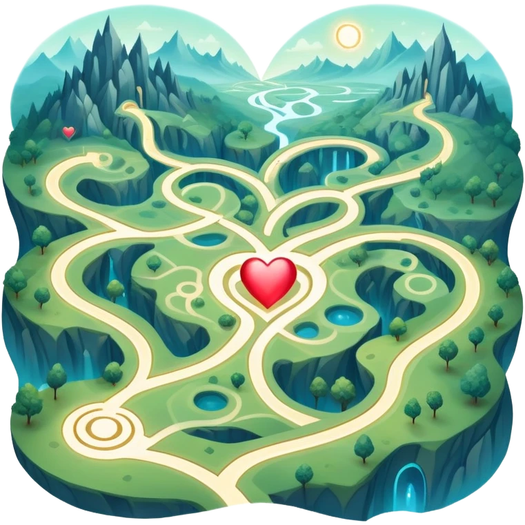 Magical cartography map with abstract heart-shaped pathways blending into the terrain lines, glowing ethereal map symbols emoji