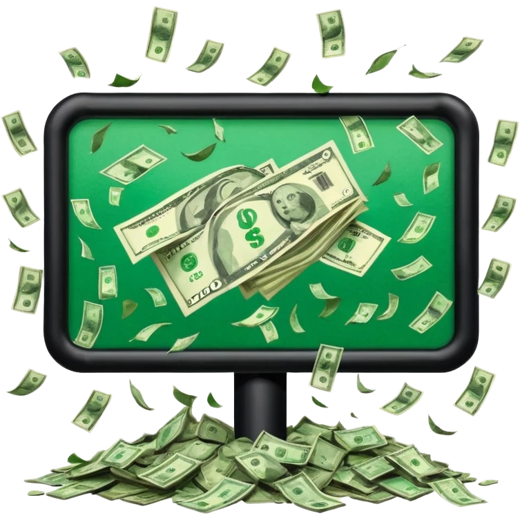 a billboard advertisement money falling down in front of it emoji