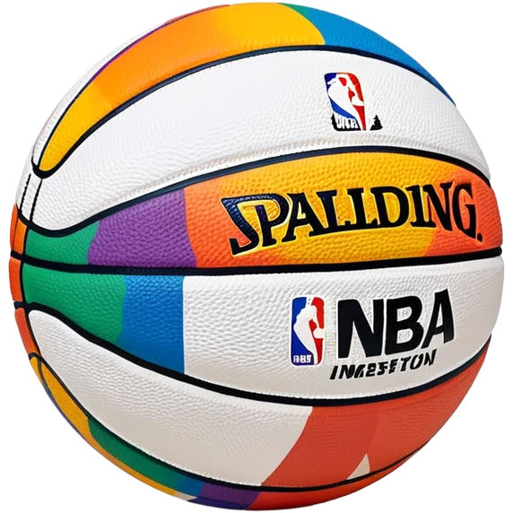 white Spalding basketball with NBA logo, featuring colorful lines on the surface emoji