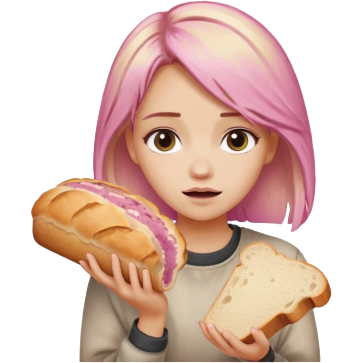 Maddie with pink blonde ombré hair drooling over sourdough bread loaf emoji