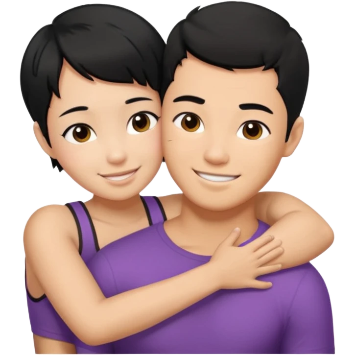 buff tan asian Man black hair hugging girl with black pixie cut  emoji
