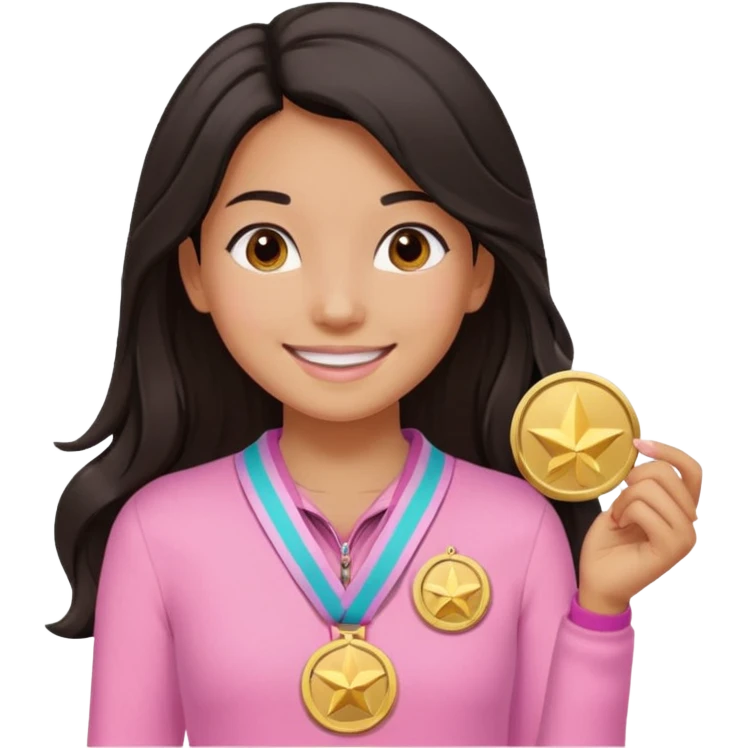 black haired girl wearing pastel pink with one medal, remove any hats, make her smile, make her hair longer, make her tan emoji