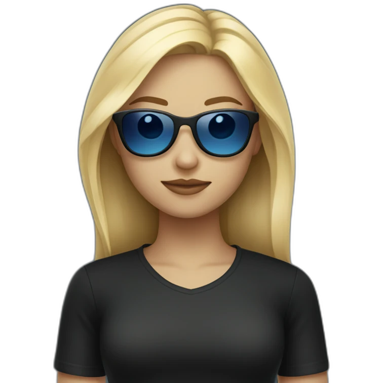 blonde girl with blue sunglasses and a black shirt with a smug facial expression emoji