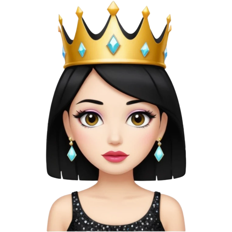 Chica con pelo negro y labios gruesos maquillada hermosa con una corona de brillos y un top negro moderno  emoji
