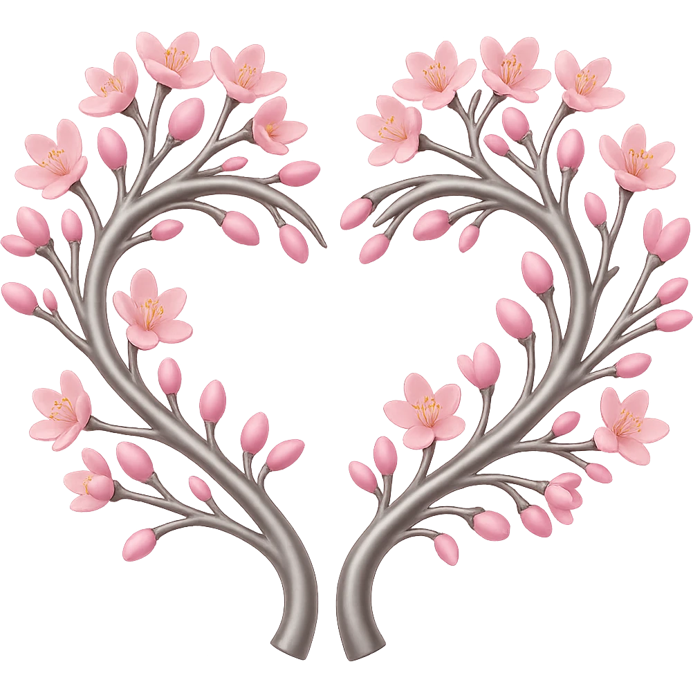 Make the silver details on the heart entwined with sakura branches more prominent in the style of apple emojis. Keep the style consistent with apple emoji style and ensure no background (transparent). emoji