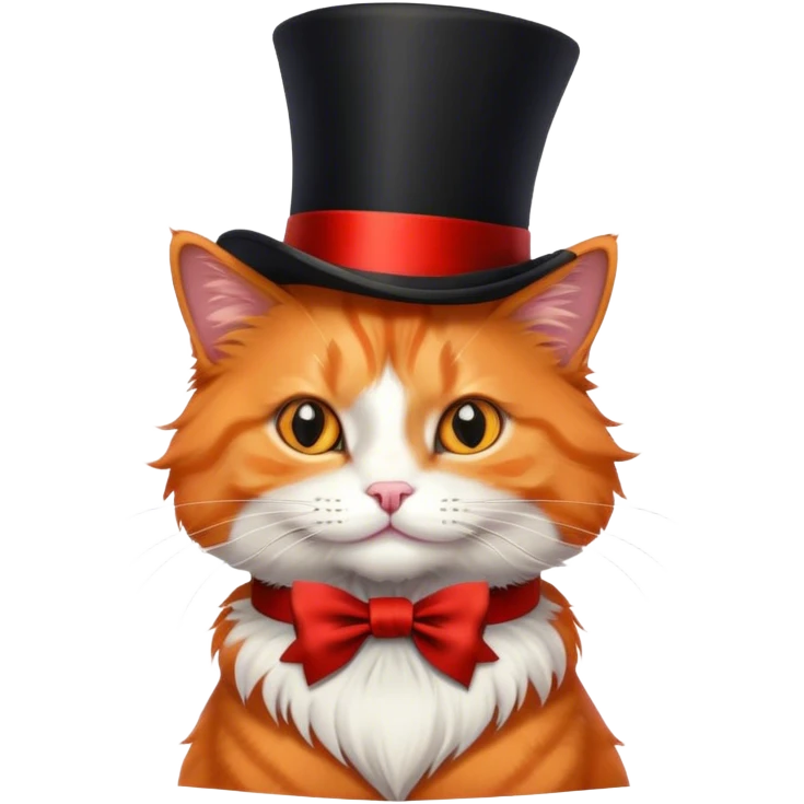 fluffy elegant orange cat with top hat black with red ribbon emoji