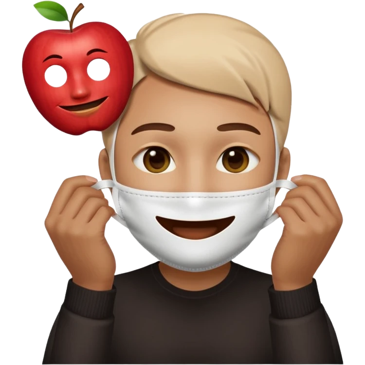 character holding a happy face mask in front of its face, but behind the mask the character has a sad expression, apple emoji style emoji