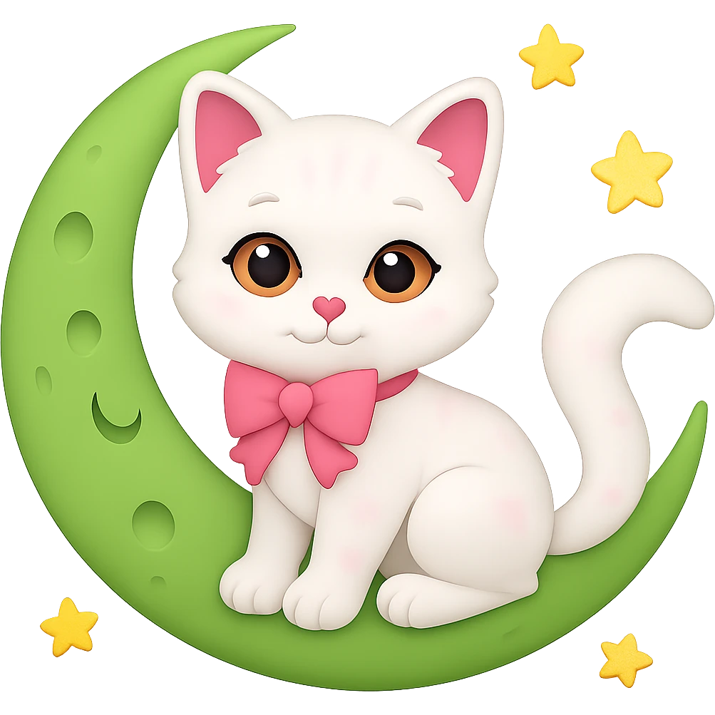 Add small yellow stars around the green moon, keep the cute kitten with pink bow, in emoji style with no background. emoji