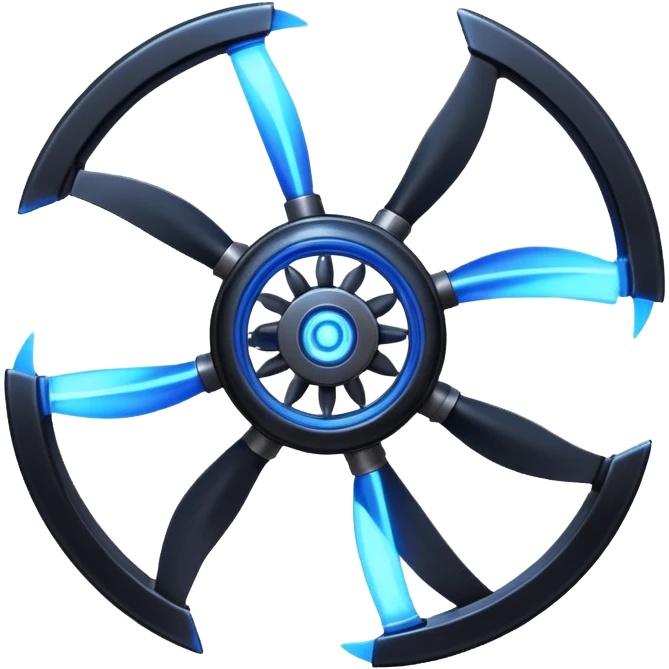 A Discord emoji of a black iron mechanical propeller or anchor with glowing blue energy lines. Steampunk-gothic fusion, high visibility, white background. emoji